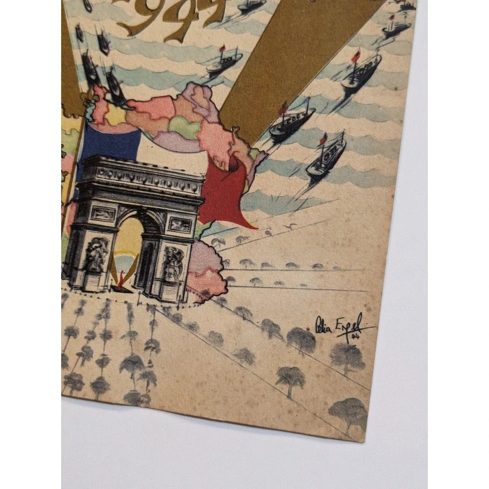 WWII 1944 Christmas Card by Celia Engel Arc de Triomphe Allied Invasion Art Note